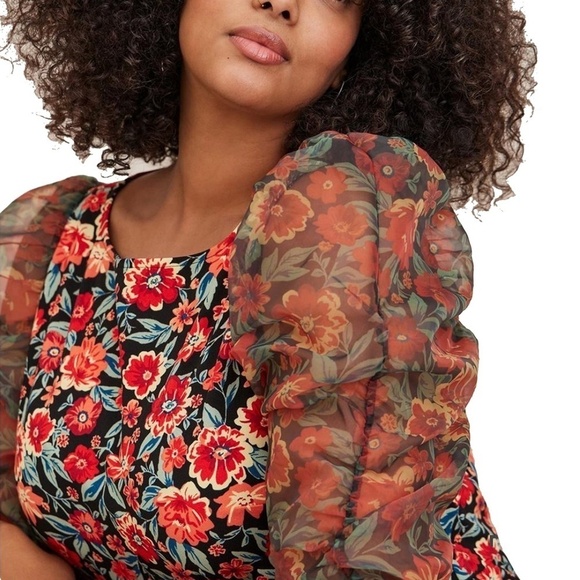 Torrid Cocktail Dress Mini Scuba w/ Pockets Crepe & Organza Puff Sleeve Floral - Picture 7 of 13